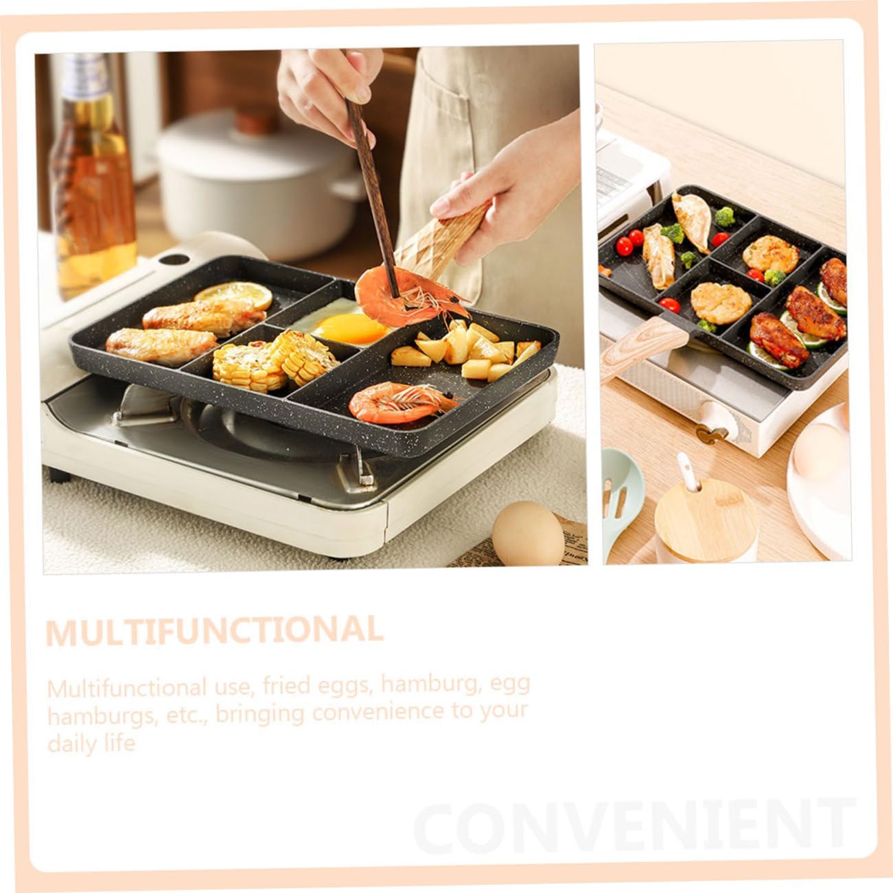 INOOMP Multi Function Non Stick Frying Pan for Breakfast Ergonomic Divided Egg Steak Skillet Convenient Grooves Design for for Eggs and More