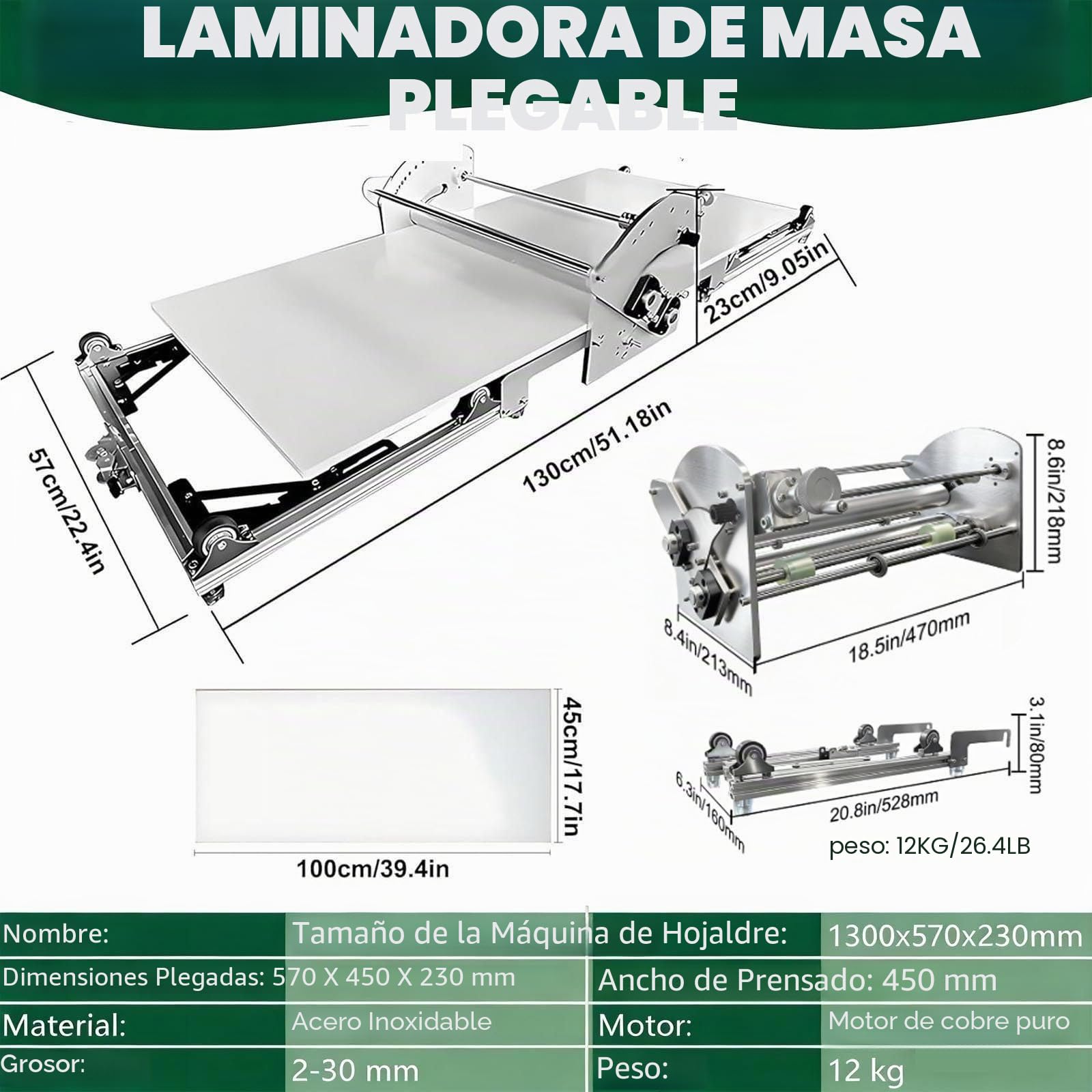 Laminadora De Masa EléCtrica, 40"X17.7" Enrolladora AutomáTica De Masa Para Pasteles Y Pizzas, Grosor Ajustable De 0.07" A 1.18", FuncióN De Avance/Retroceso Con DiseñO Plegable
