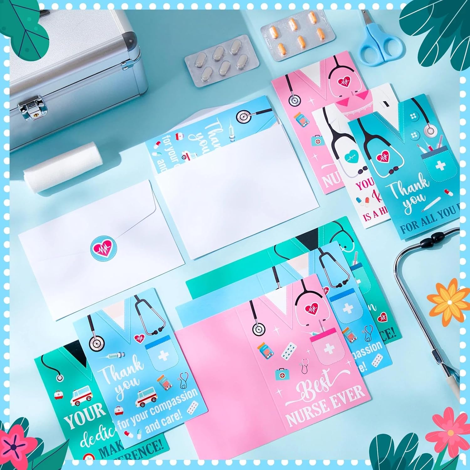 Eaasty 100 Sets Nurses' Day Cards with Stickers and Envelopes Blank Inside Funny Card 5 Style Greeting Card Designs