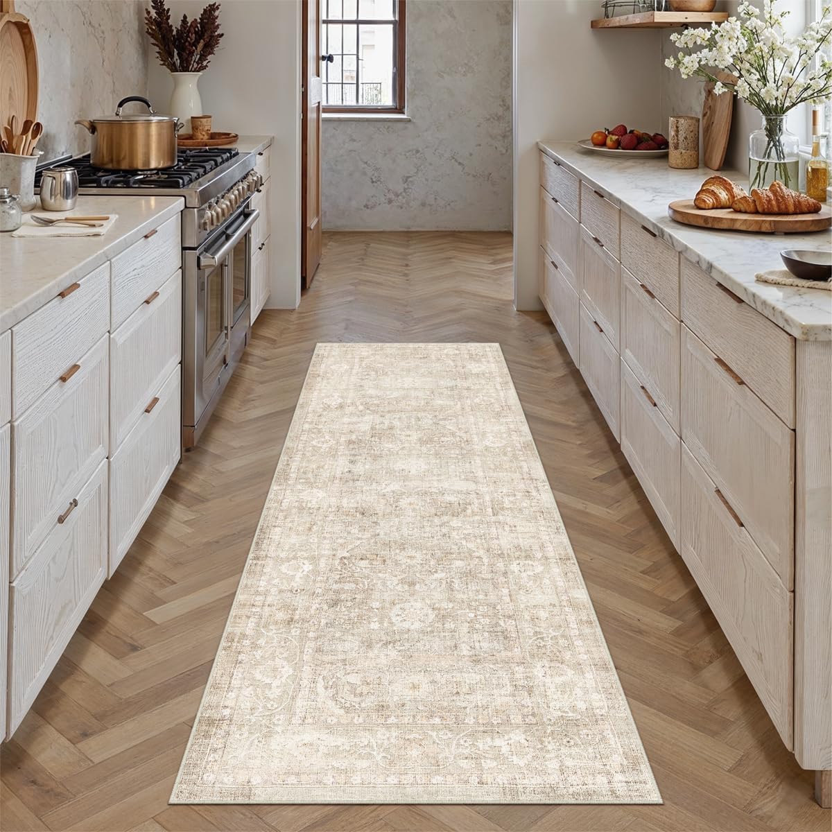 2x6 Beige Washable Runner Rug for Kitchen Hallway Neutral Soft Non Slip Rug Low Pile Vintage Distressed Carpet for Bathroom Bedroom Indoor Nursery - Image 3