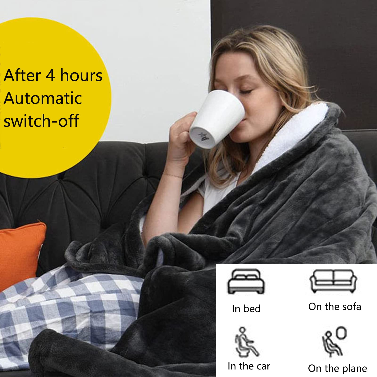 Manta Eléctrica, 6 Ajustes de Temperatura Calienta Cama, Calentador de Cama con Apagado Automático, Conector Extraíble Manta Caliente para Hogar Y Oficina,Gris,130 * 150