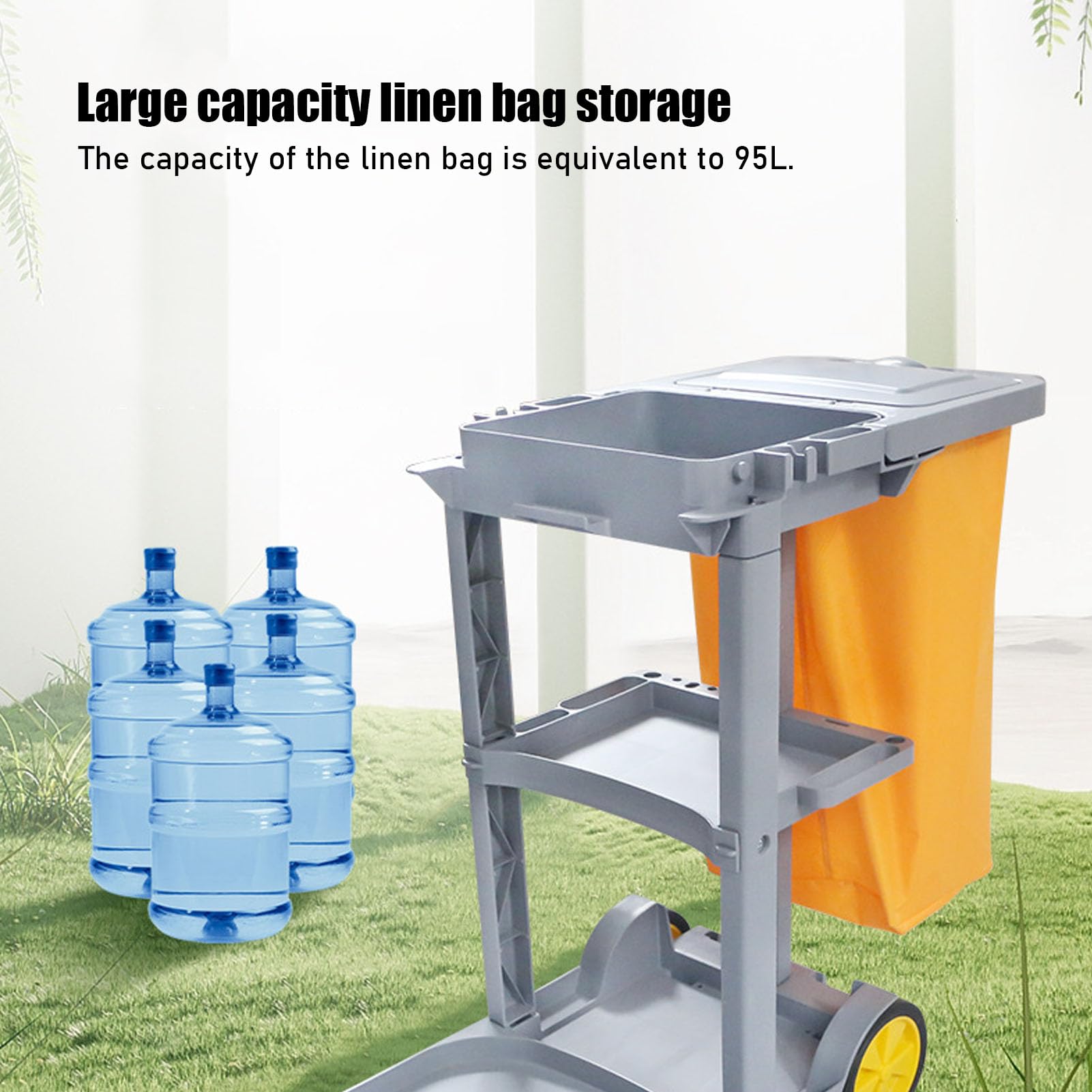 Carrello per Pulizie Commerciale su Ruote con secchi per mocio | Gruppo strizzatore, scaffali organizer a più livelli e sacco per rifiuti di grande capacità
