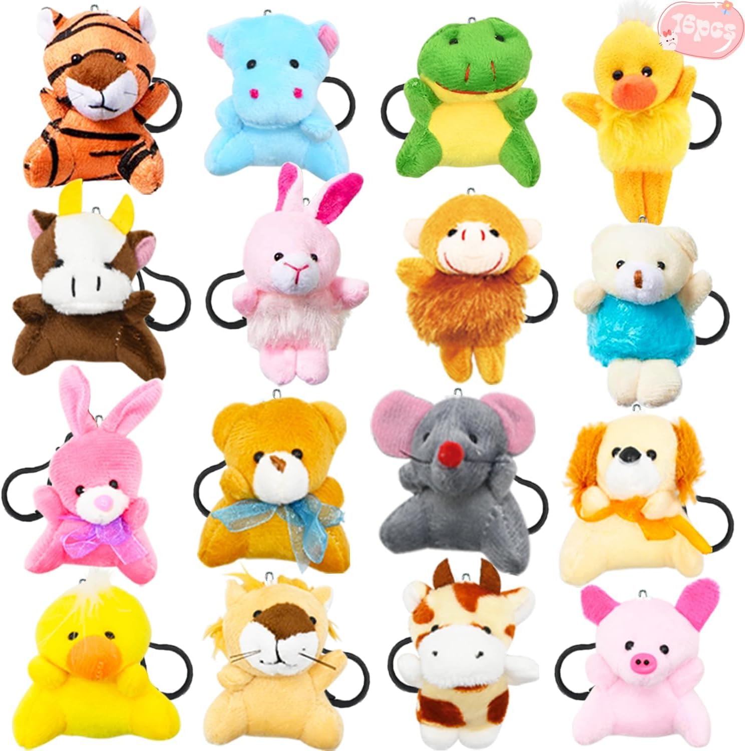 CAMIRUS 16Pcs Mini Animal Plush Keychain Set, Cute Stuffed Animal Toys for Kids, Party Favors & Backpack Charms.