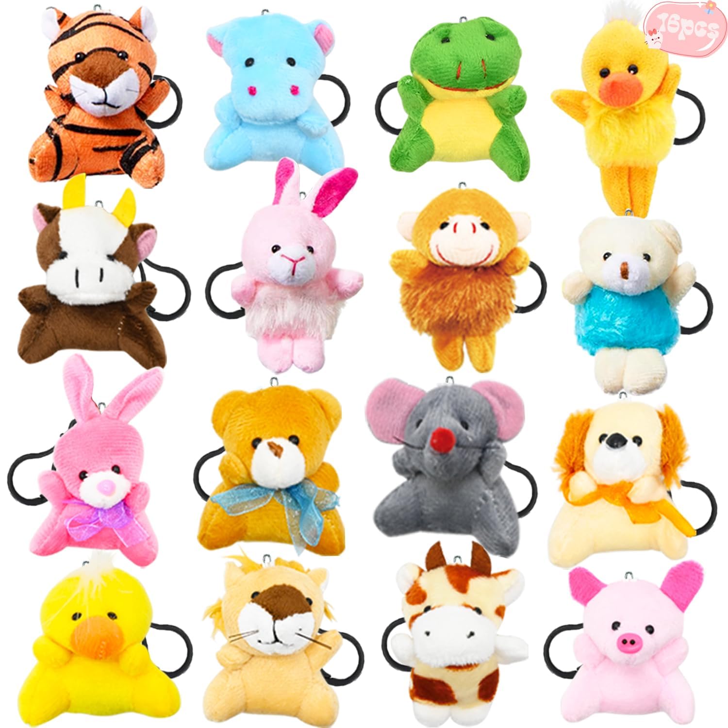CAMIRUS 16Pcs Mini Animal Plush Keychain Set, Cute Stuffed Animal Toys for Kids, Party Favors & Backpack Charms.
