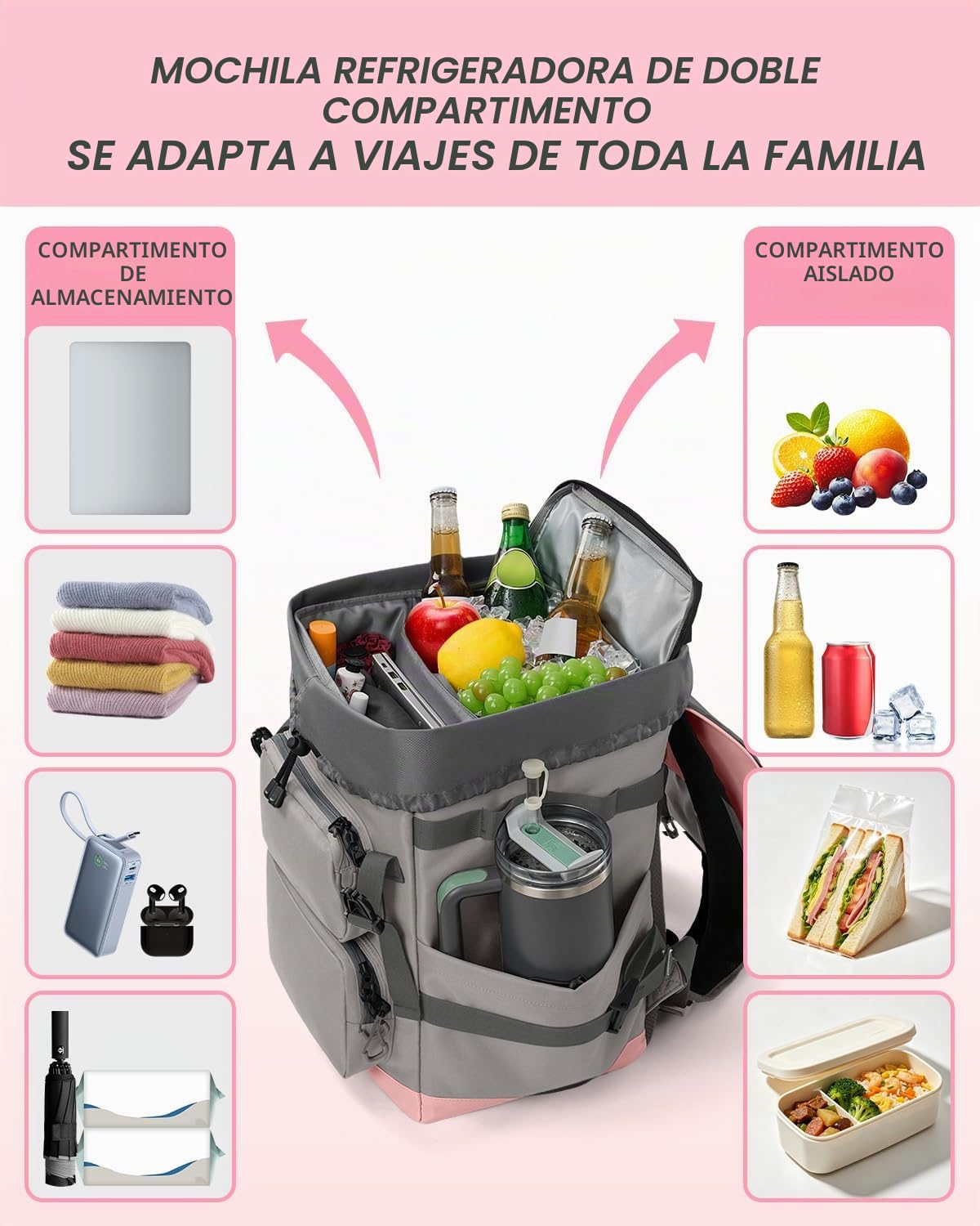 Odoland Mochila Nevera 2 en 1, Mochila Térmica Isotérmica con Compartimento Principal de 26L y Aislamiento Isotérmico de 9L, Nevera Portátil Antifugas para Playa, Picnic, Viaje, Familia