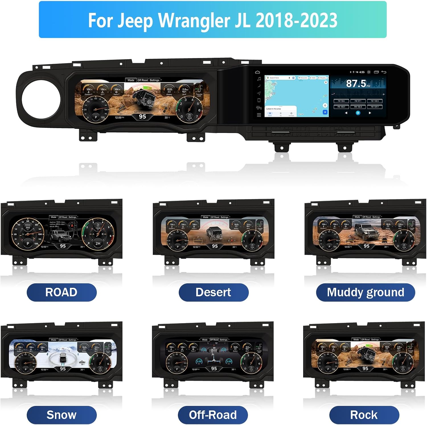 [8G+128G] Digital Instrument Cluster Display and Carplay Android Auto Car stereo for Jeep Wrangler JL 2018-2023,All-IN-ONE,Dual 12.3”HD Screen 2400*900,Non-Destructive Install,Build-in GPS/SWC(Black)