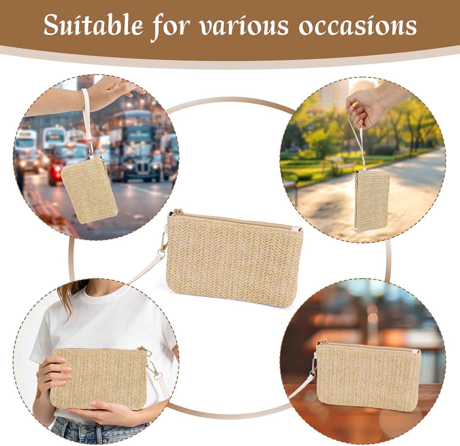 Straw Handbag for Women, Bohemian Woven Clutch Zipper Wristlet Purse Bag with Lanyard for Women Summer Beach Vacation Party