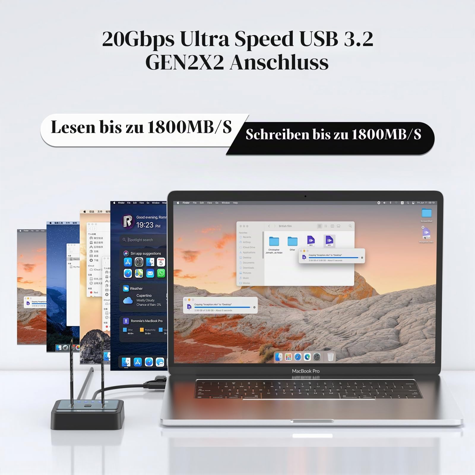 M.2 NVMe/SATA SSD Cloner, M.2 Duplikator 2-Bay Festplattengehäuse, werkzeuglos 20Gbps USB3.2 Gen 2X2 Festplattenleser für NVMe SATA SSD Unterstützt Offline Clone, UASP und Trim