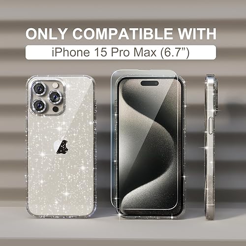 Miniatura 2 de Choiche Funda compatible con iPhone 15 Pro Max para mujer, bonita funda transparente con purpurina, 3 protectores de lente de cámara con diamantes,