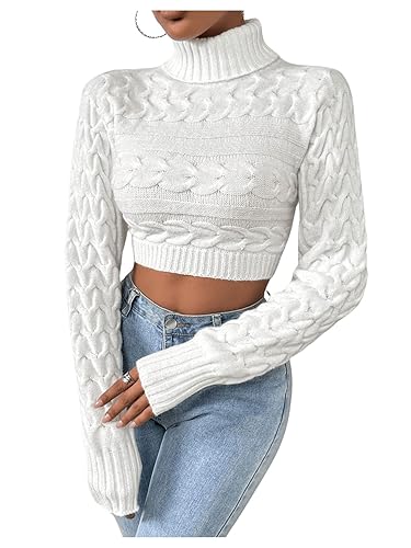OYOANGLE Women's Cable Knit Turtleneck Sweater Long Sleeve Fitted Cropped