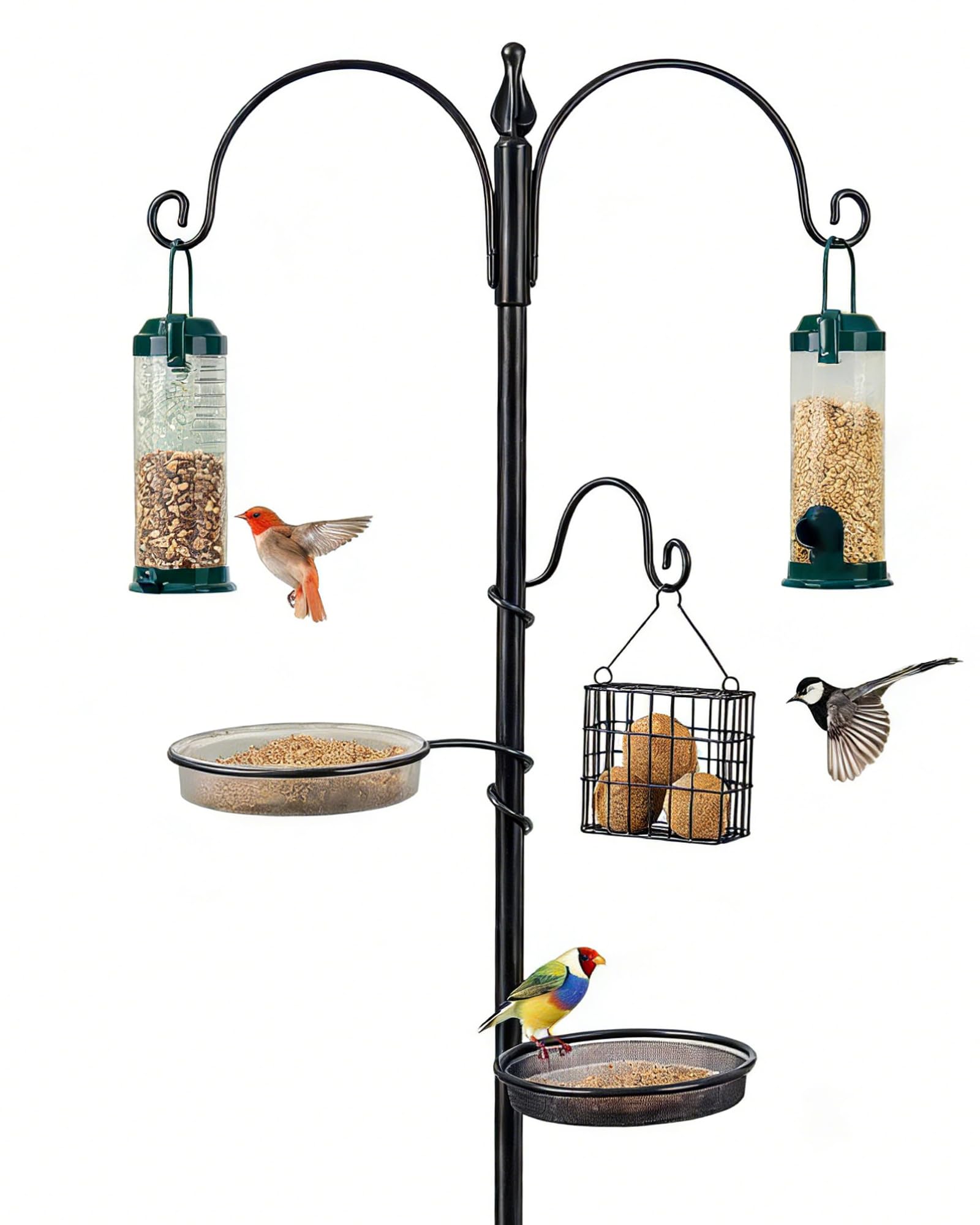 Uunibos Bird Feeder with 3 Feeders & 2 Dishes | Bird Feeders Hanging Station, Bird Feeding Stations for the Garden, Bird Feeders for Small Birds| Heavy Duty Metal Bird Feeder Pole Stand