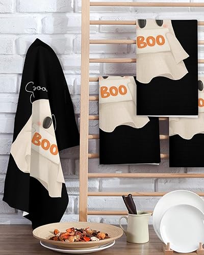 Miniatura 2 de Kitchen Towel 2 Packs Cotton Waffle Weave, Halloween Spooky Ghost Black 16 x 24 Inch Absorbent Quick Drying Dish Towels Clothes for Kitchen Living