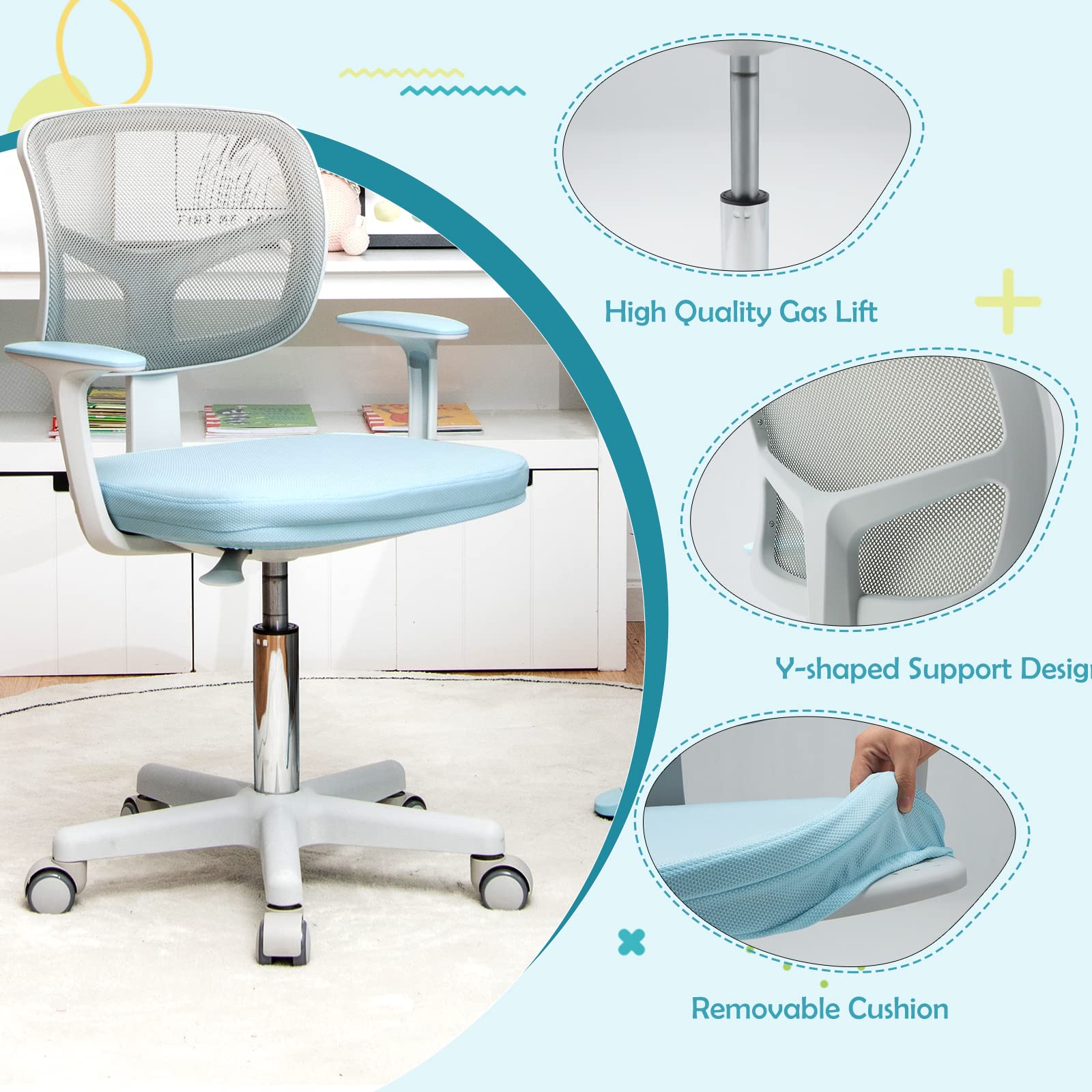 Sedia Scrivania Bambini FANTASK - Girevole 360°, Altezza Regolabile 80-91.5 Cm Con Ruote - Foto 12