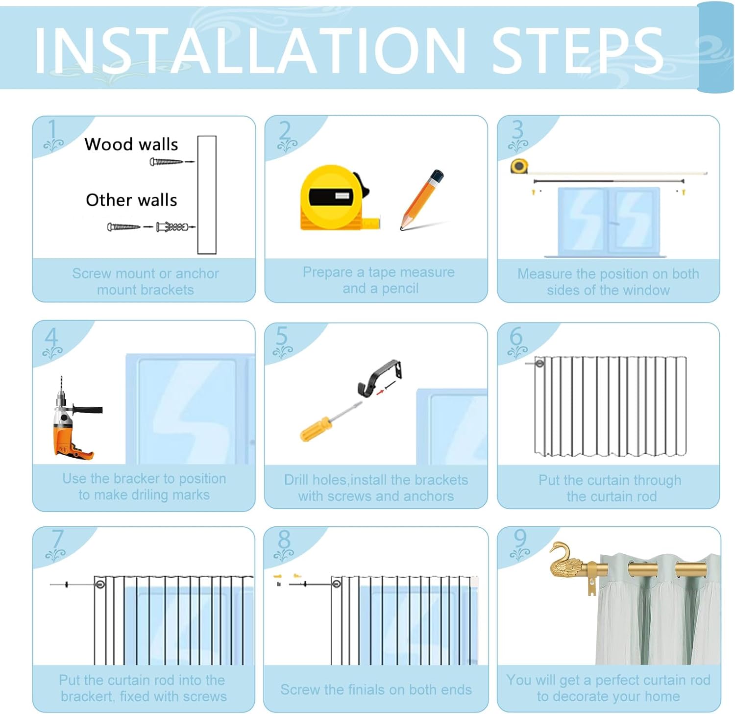 2 Pack Gold Curtain Rods 66 to 120 Inch,1 Inch Heavy Duty Curtain Rod with Brackets,Adjustable Window Decorative Swan Finial Drapery Pole,Single Rod For Bedroom 66-120",Brass Gold