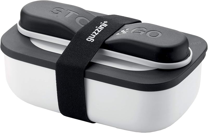 Guzzini Store On The Go Store & Go Lunch Box Set with Travel Cutlery, 20 x 12 x H7 cm, 900 ml-White, Polypropylene, Thermo Poli Rock, Stainless Steel, White, 02