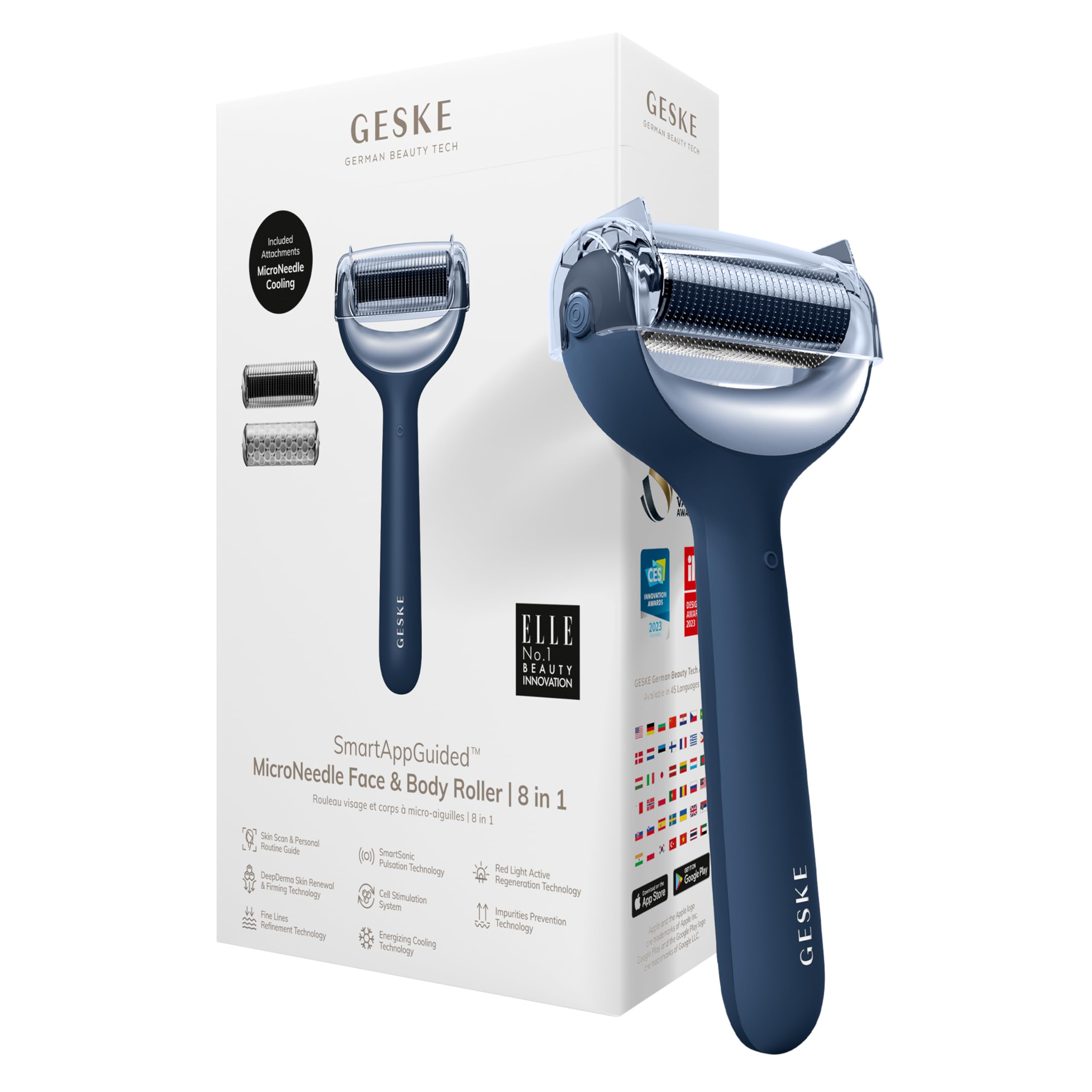 GESKE SmartAppGuided MicroNeedle Face & Body Roller | 8 in 1 | Derma Roller | Electric roller | Microneedling device | Needle roller | Beauty roller for face and body