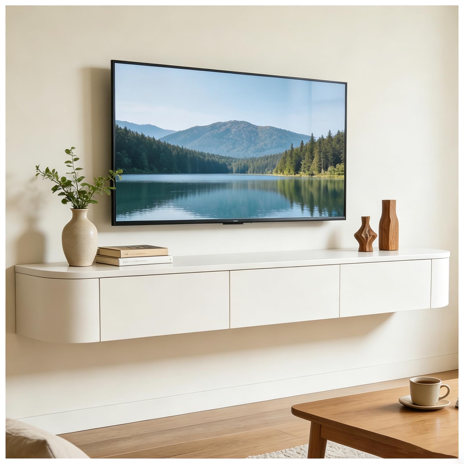 Meuble TV moderne suspendu - 160 cm - Blanc - Avec 2 tiroirs et 1 porte battante - Meuble TV moderne avec gestion des câbles - Table TV pour salon et salle à manger