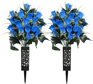 IPOPU 2 Sets Artificial Cemetery Flowers Grave Flowers with Vase, Gravesite Memorial Flowers for Cemetery Lasting and Non-Bleed Colors(Blue)