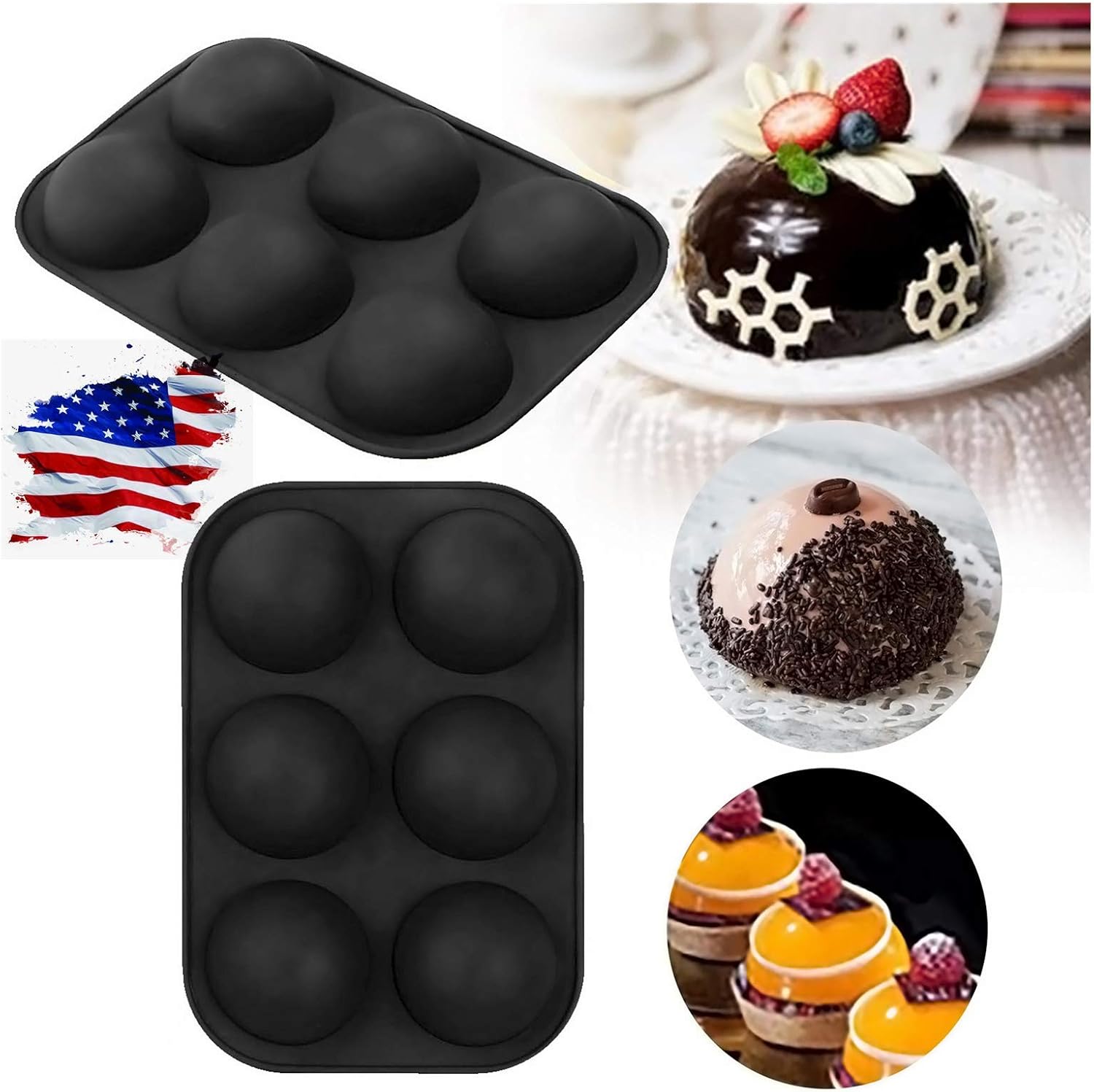 6 Holes Silicone Molds For Chocolate, Cake, Jelly, Pudding, Handmade Soap, Round Shape, Dia: 2 1/2 inches (1, Black)