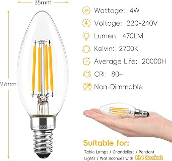E14 LED Candle Light Bulbs, Non-Dimmable Small Screw Light Bulb, 4W (40W Equivalent) SES Lightbulb 2700K 470 Lumens, Edison Bulb Warm White for Lamp Light Bulb Replacement, 6 Pack [Energy Class E]