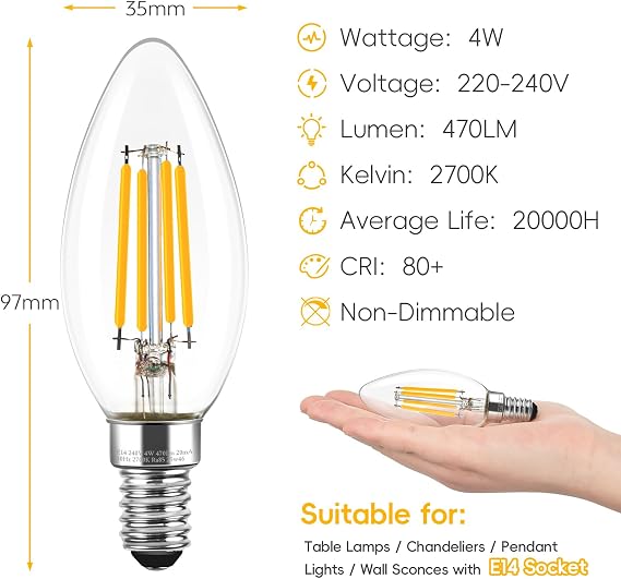 E14 LED Candle Light Bulbs, Non-Dimmable Small Screw Light Bulb, 4W (40W Equivalent) SES Lightbulb 2700K 470 Lumens, Edison Bulb Warm White for Lamp Light Bulb Replacement, 6 Pack [Energy Class E]