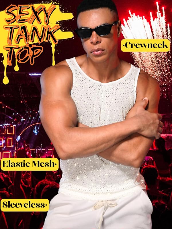 ChiaoLezhee Men's Rhinestone Mesh Tank Tops, Sparkly Rave Festival Outfits Sexy Sheer Muscle Shirts (Fit Chest 30-40"), Sleeveless Sequin Summer Clubwear Going Out Fishnet Crewneck Party,White by ChiaoLezhee - Used condition - Image 3