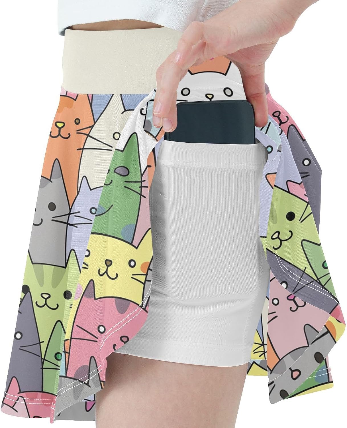 visesunny Seamless Colorful Cute Cat Girl's Golf Skirt Athletic Tennis Skort Sport Activewear with Double Layer Pockets