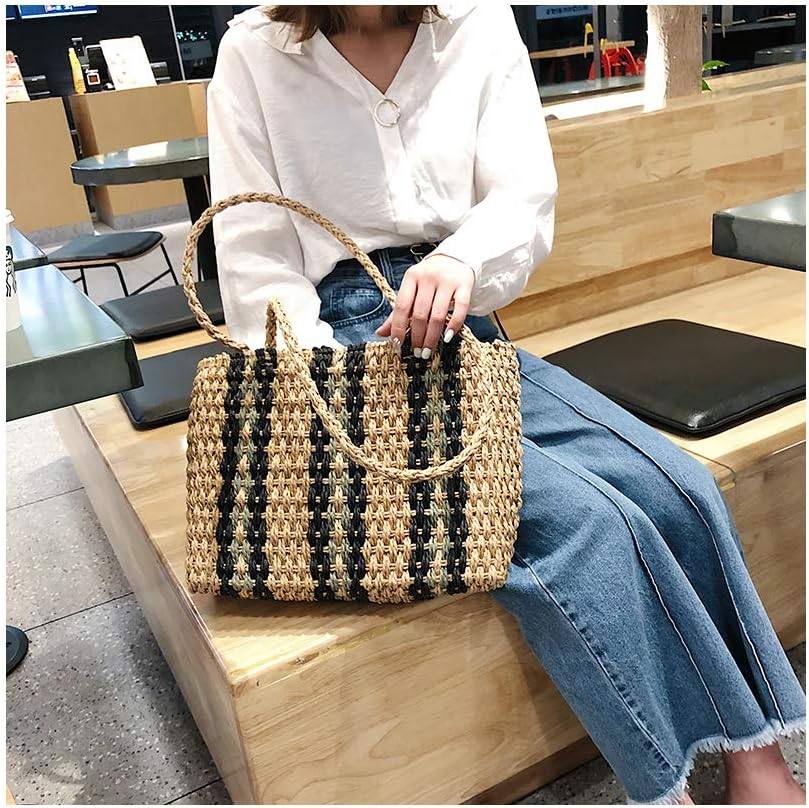 Women Handbag Straw Summer Beach Bag Handwoven Tote Large Square Stripes Shoulder Bag with Zip (Khaki)