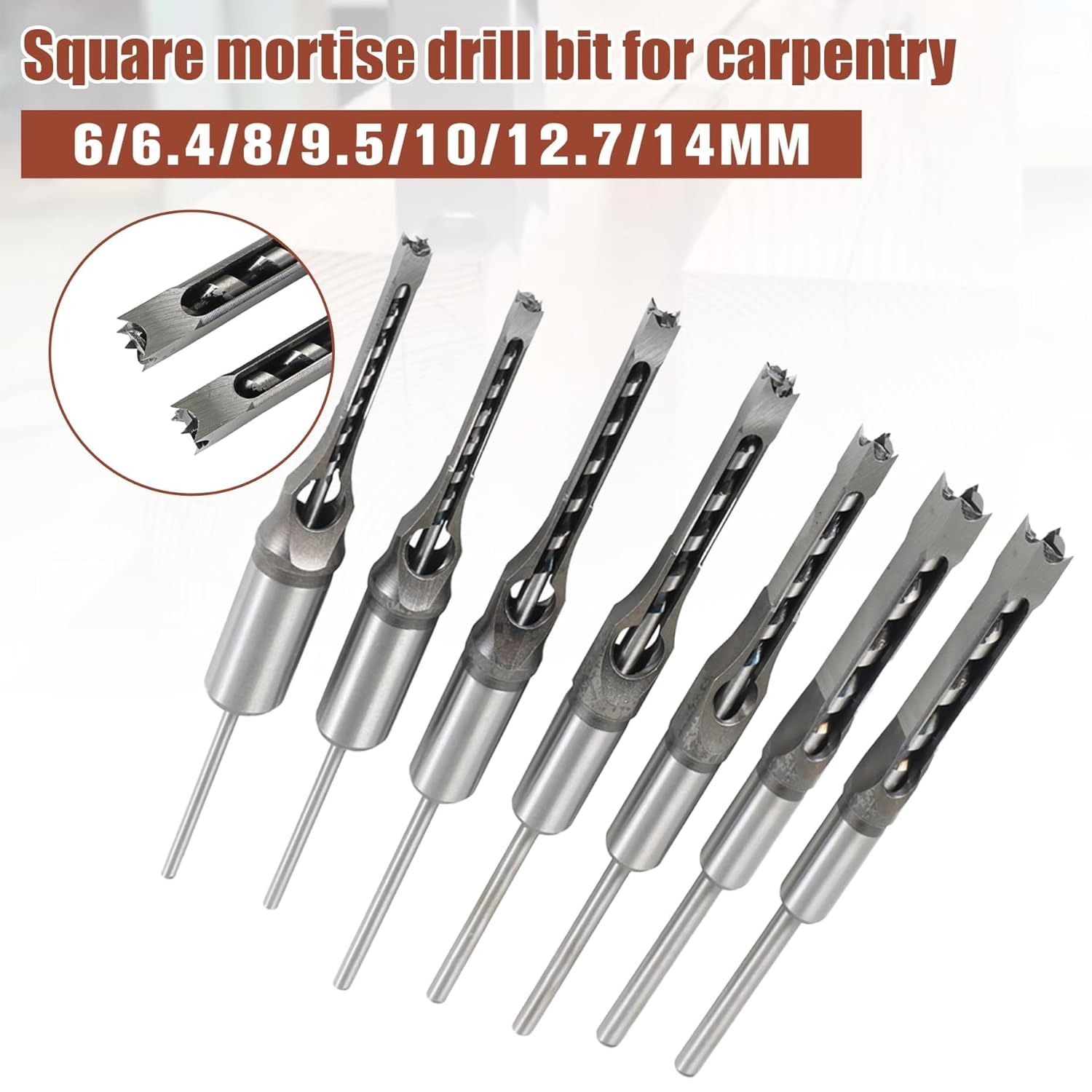 kimllier 7Pcs Square Hole Drill Bit, Stainless Steel Sharp Durable Mortising Chisel Set 6/25, 1/4, 5/16, 3/8, 2/5, 1/2, 9/16 Inch