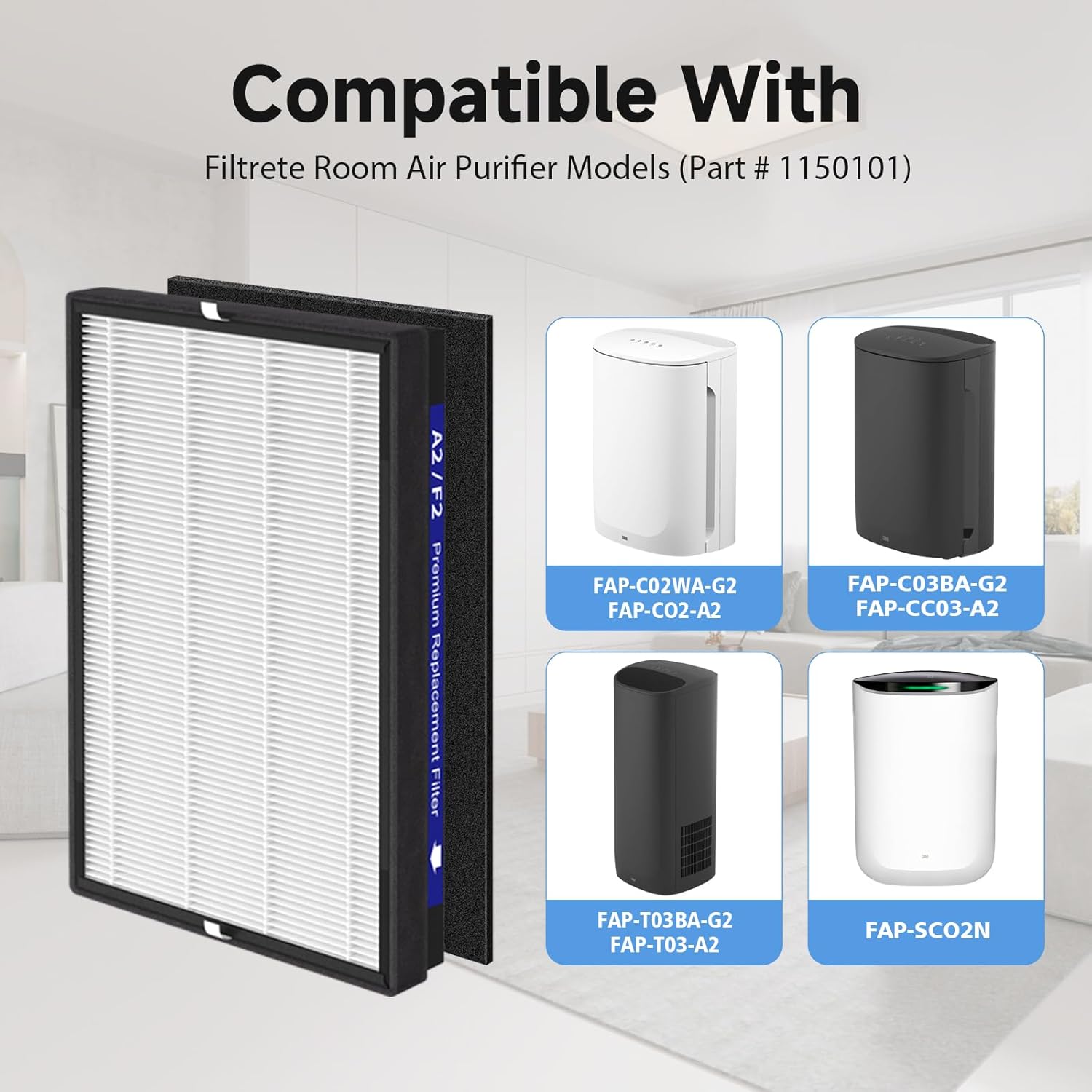 2 Pack A2 F2 True HEPA Replacement Filter Compatible with 3M Filtrete Room Purifier Models FAP-C02-A2, FAP-C03-A2, FAP-T03-A2, FAP-C02WA-G2, FAP-C03BA-G2, FAP-T03BA-G2, FAP-SC02N, Part # 1150101 - Image 2