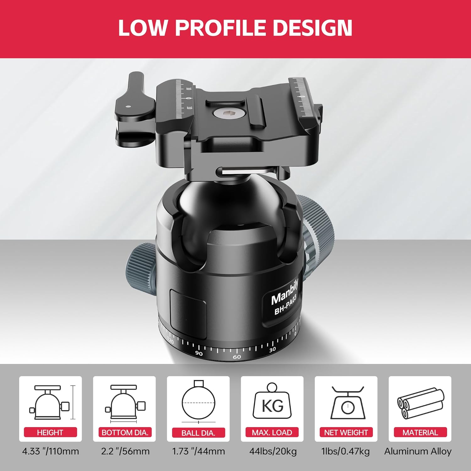 Manbily Low Profile Ball Head, 44mm Tripod Head with Picatinny to Arca-Swiss Adapter and 1/4" Quick Release Plate, CNC Aluminum 360° Head for Hunting Shooting Tripod DSLR Camera, Max Load 44lbs/20kg