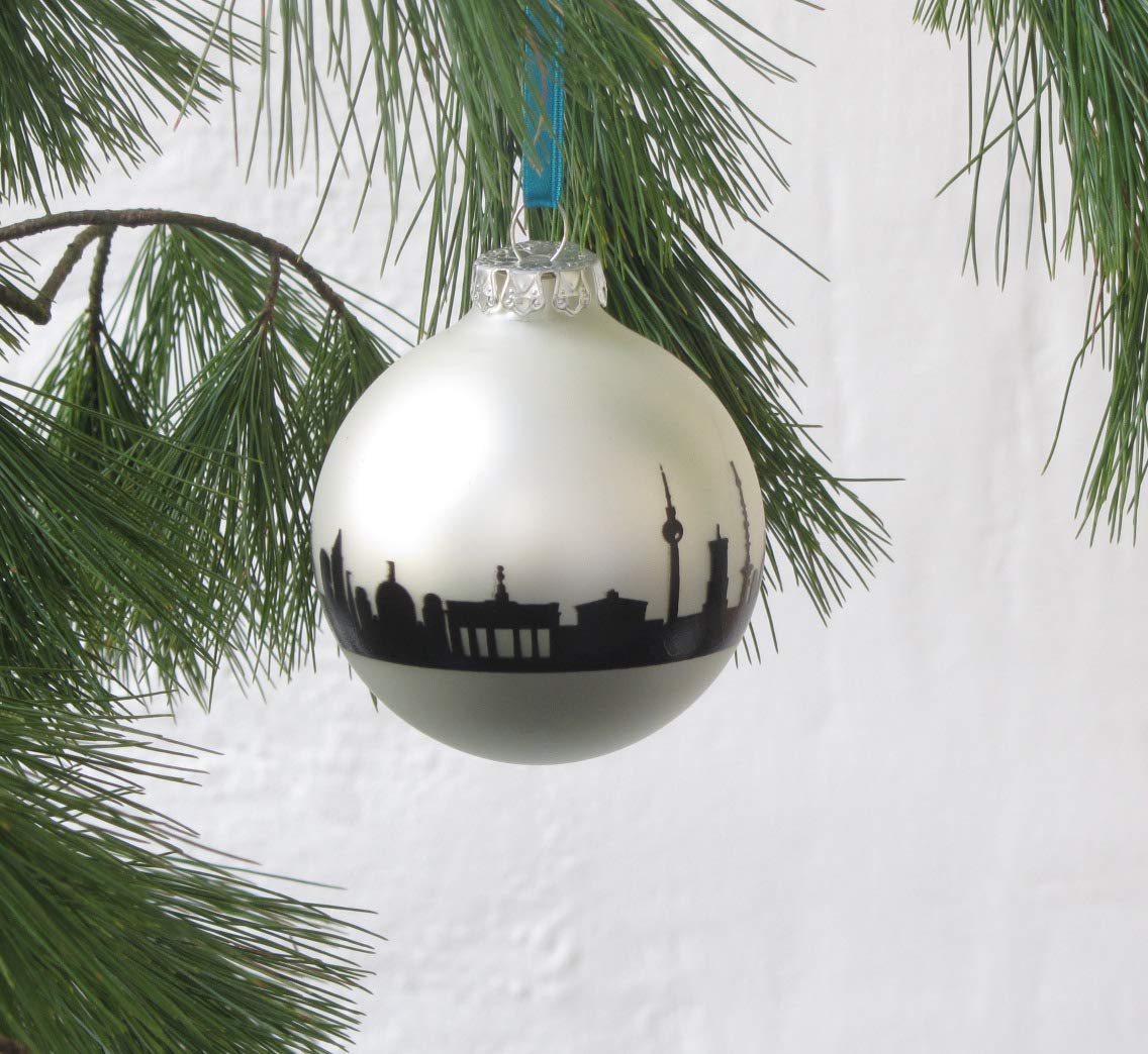 Berlin Design-Christbaumkugel zu Weihnachten, Glas Silber matt Skyline schwarz, Weihnachtsschmuck zum Anhängen