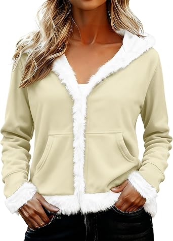 Christmas Hoodies for Women Faux Fur Trim V Neck Santa Claus Pullover Oversized Long Sleeve Xmas Holiday Sweatshirts