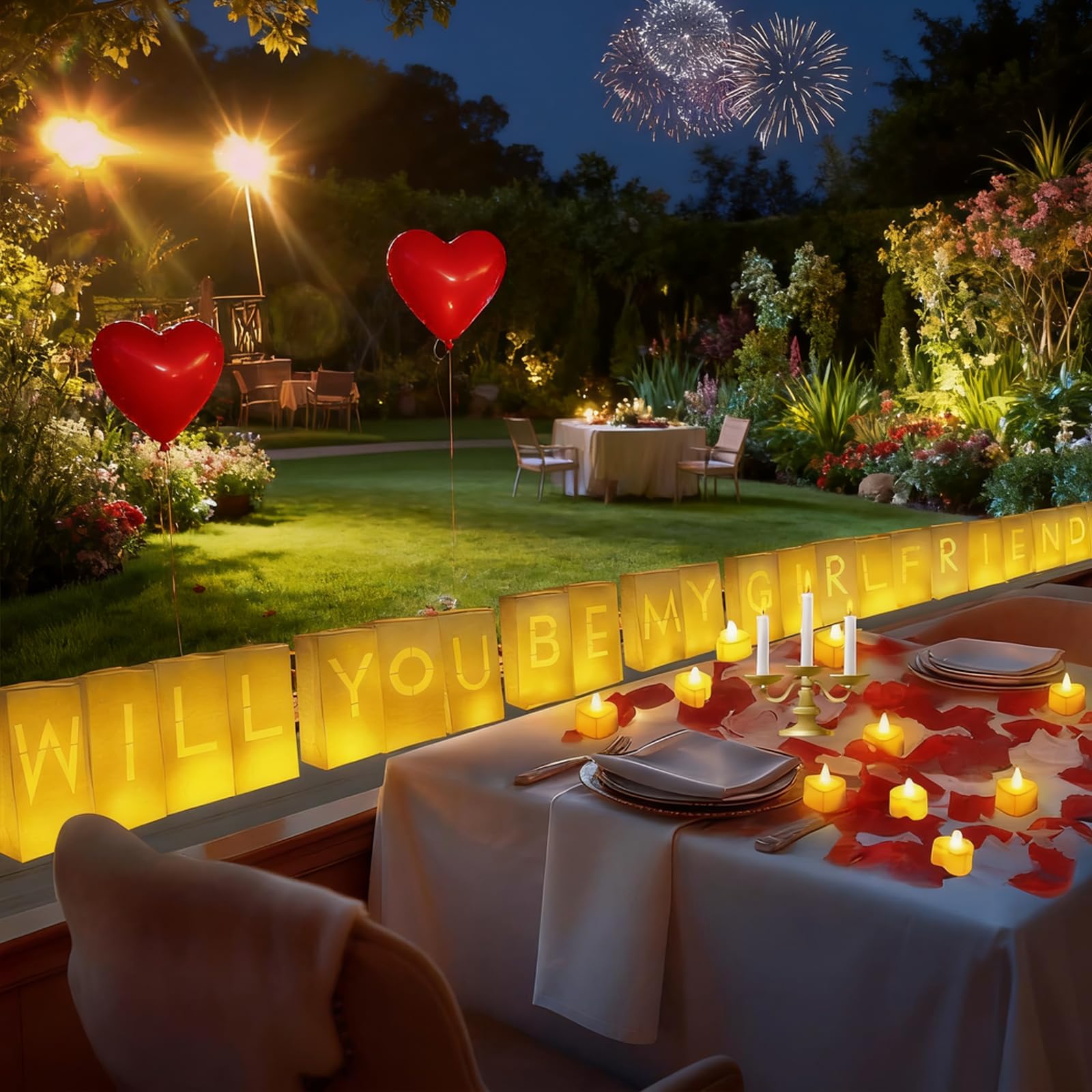 Dekoracje z napisem "Will You Be My Girlfriend" – zestaw niespodzianek z świecącymi literami, 30 świecami na podgrzewacze, 2000 płatków róż, 10 balonów – torebki świetlne do romantycznej aranżacji (W)