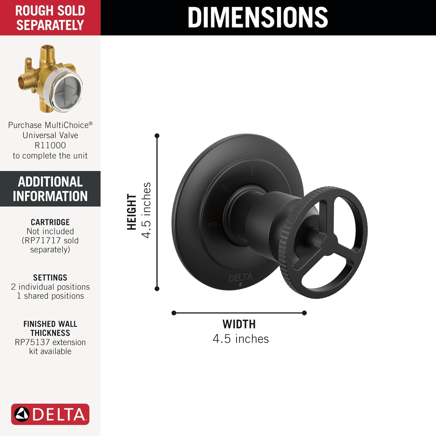 Delta Trinsic 3-Setting Diverter Valve Trim Kit with Wheel Handle, Matte Black Shower Handle Diverter Kit, Matte Black T11858-BL (Valve Not Included)