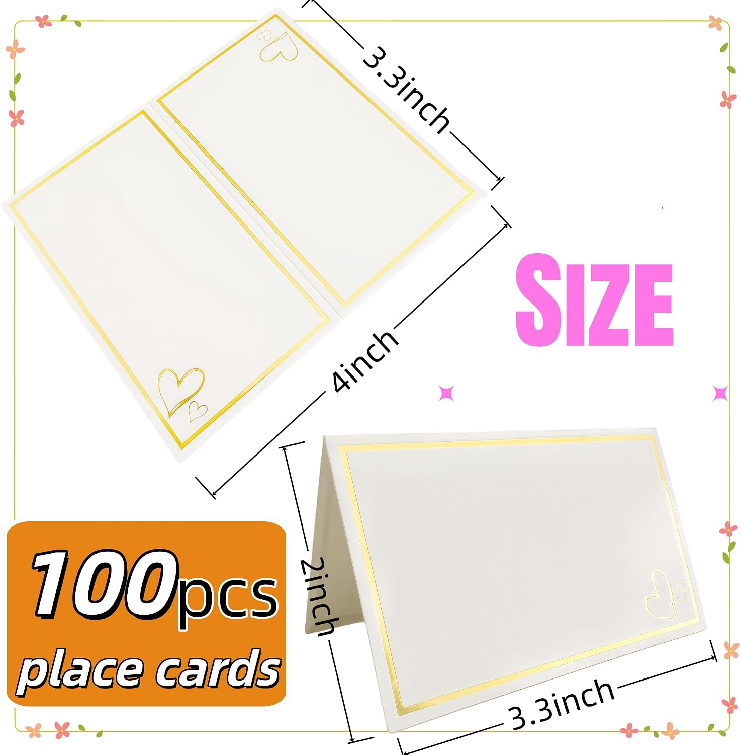 100 Pcs Elegant Name Place Cards for Table Setting with Gold Foil Border
