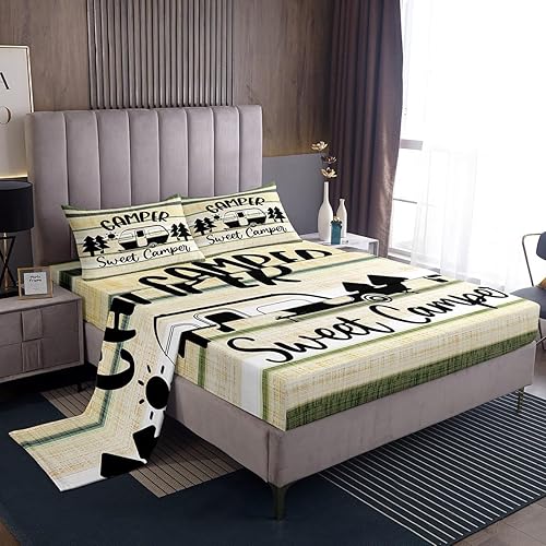 Feelyou Juego de sábanas para cámper para niños y niñas, con sábana bajera ajustable de bolsillo profundo, juego de sábanas de camping feliz,