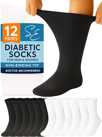 Special Essentials Diabetic Socks for Men & Women 12 Pairs of Non-Binding Moisture-Wicking Neuropathy Socks Crew Length