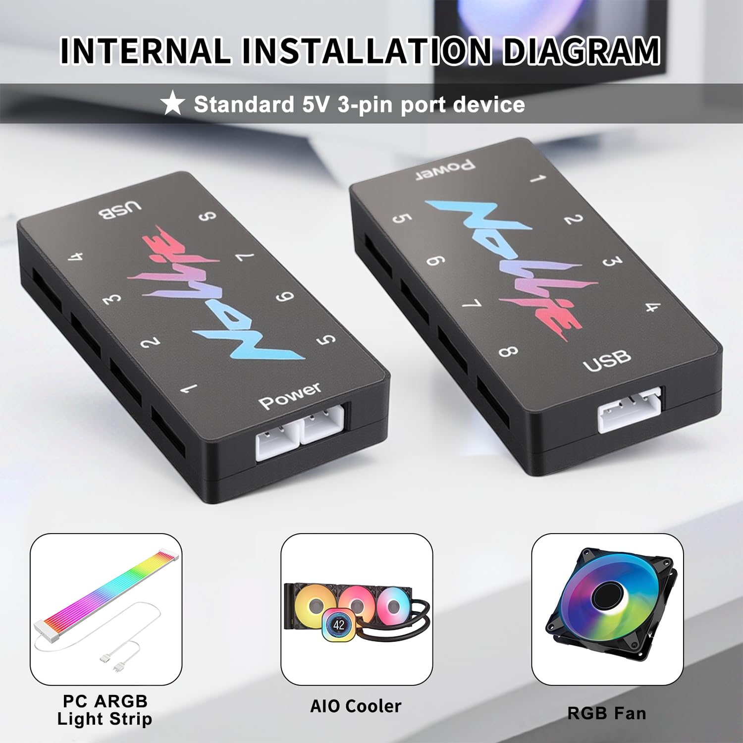 Iesooy Kontroler ARGB 5V 3PIN - Zasilany SATA kontroler ARGB PC Lighting Hub, 8-kierunkowy adresowalny rozdzielacz ARGB, obsługa sygnału RGB OpenRGB