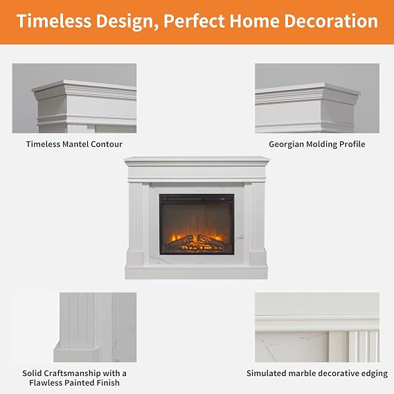 44 Electric Fireplace with Mantel, Freestanding Electric Fireplaces with Faux Marble, Remote, Timer, Adjustable Thermostat & Flame Brightness, White Fireplace for Living Room, 1400W