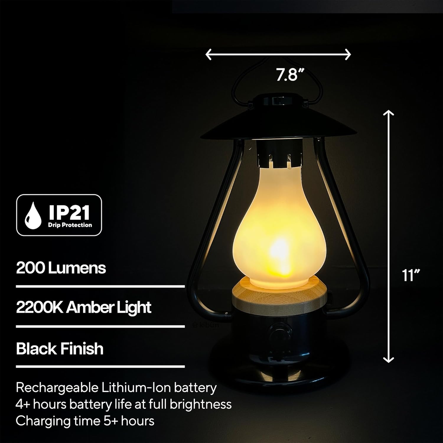 Bulbrite K80120 Kibün Bonfire Cordless LED Outdoor Table Lamp with Dimmer, Built-in Rechargeable Battery, 3-Level Brightness, Portable Camping Lantern, Black