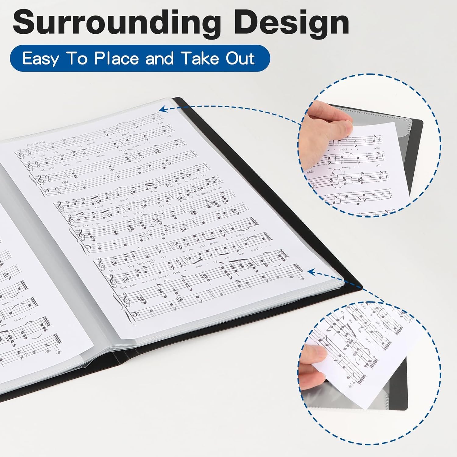 HIMOMO Carpeta para Partituras Expandible de 4 Páginas, 60 Bolsillos/120 Páginas, Carpeta de Música Impermeable para Coro, Archivador Negro para Partituras, Dibujos y Documentos, 216 x 279 mm