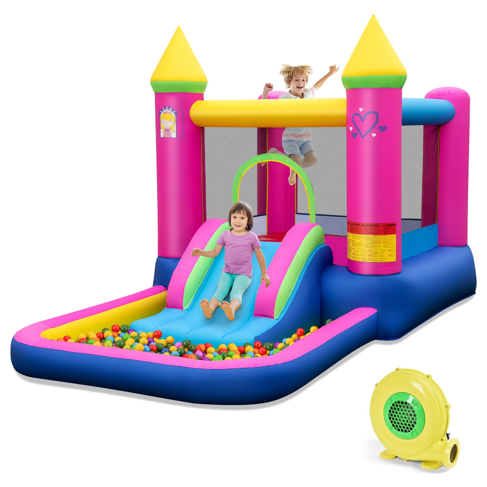 HONEY JOY Inflatable Bounce House with Slide and Pool, Princess-Themed Kids Castle Slide Bouncer for Outdoor and Indoor Party, Blow Up Toddler Jumping Bouncy House for Boys Girls (with 480W Blower)