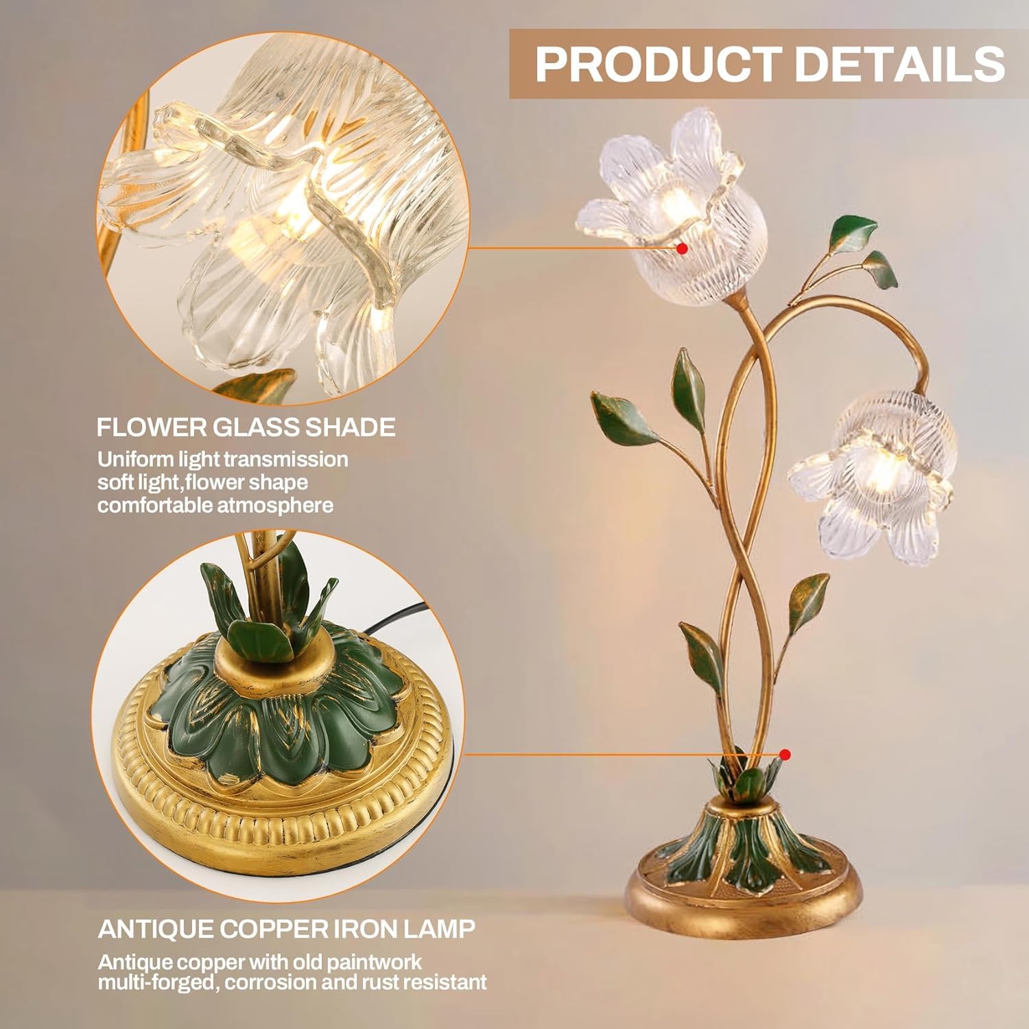 SANDYHA Gold Glass Flower Table Lamp Vintage 2-Light Floral