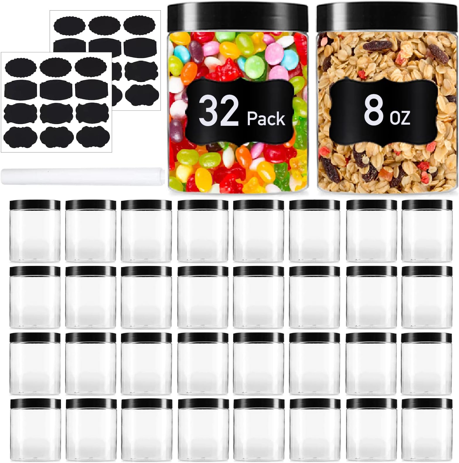 Aoeoe 32 Pack Plastic Jars with Lids, 8 oz Plastic Mason Jars, Clear Slime Containers, Round Storage Jars Bulk, Wide-Mouth Jars for Kitchen and Household Food Storage of Dry Goods, Creams and More