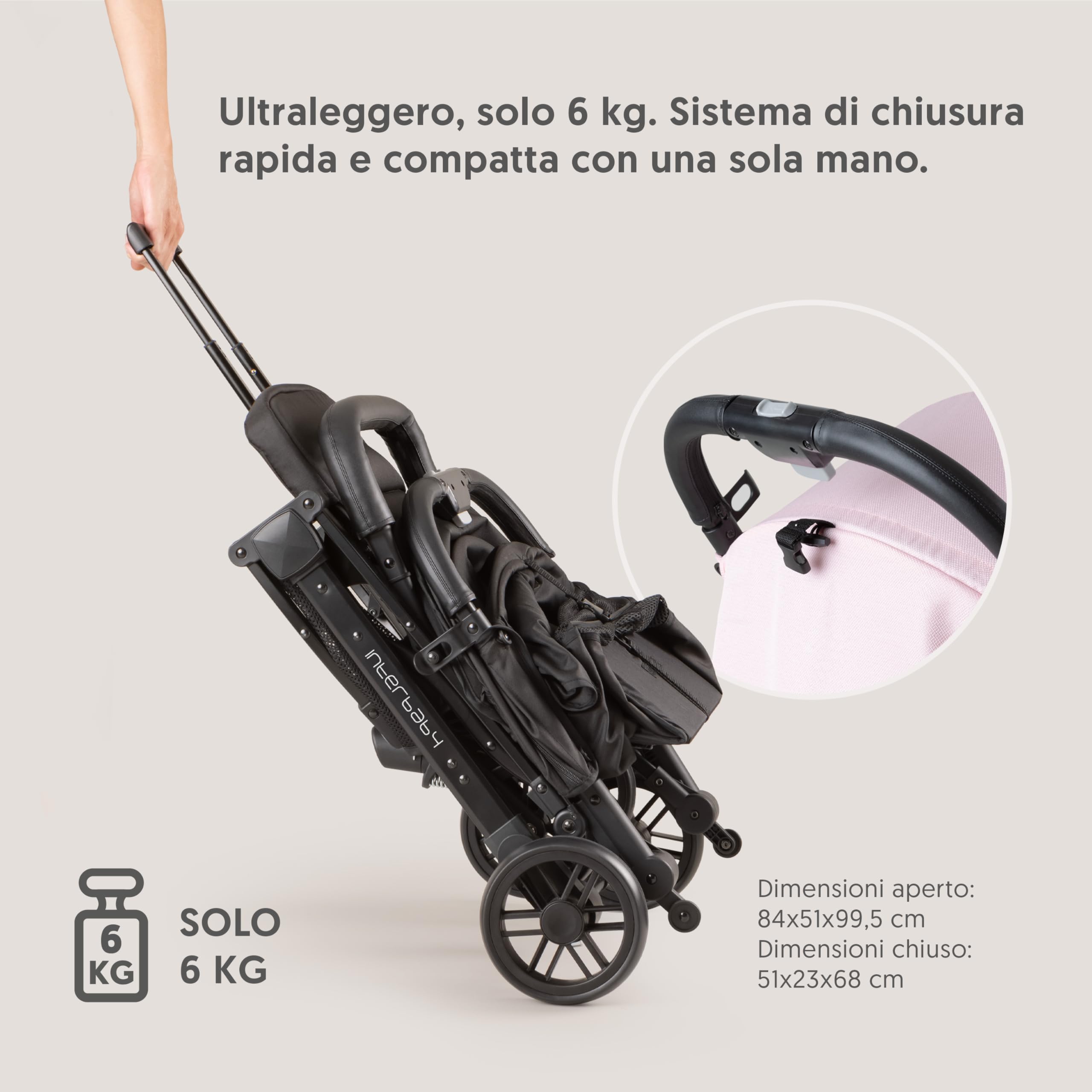 Interbaby Passeggino Leggero Compatto e Ultraleggero | Passeggino da Viaggio e Aereo Pieghevole, dalla Nascita fino a 22 kg | Chiusura Rapida, Cappottina XXL, Ammortizzatori (Min. Plus Space Rosa)