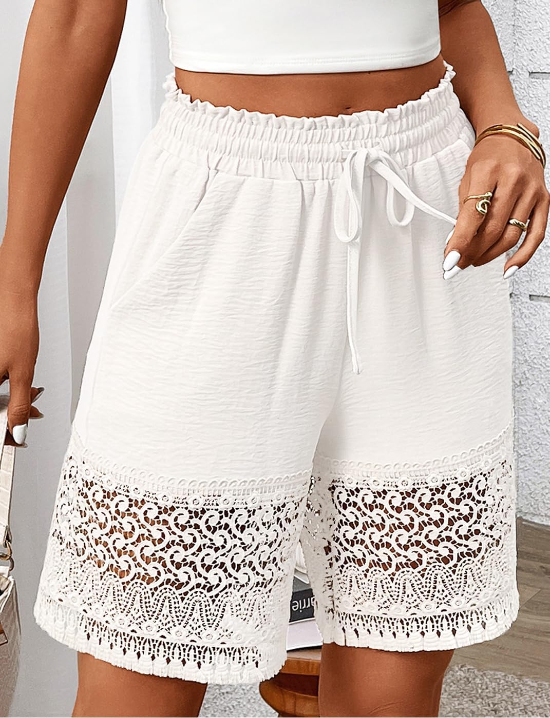 CORSKI Women's Casual Elastic Waist Lounge Shorts Lace Trim Drawstring Summer Beach Shorts with Pockets - Image 5