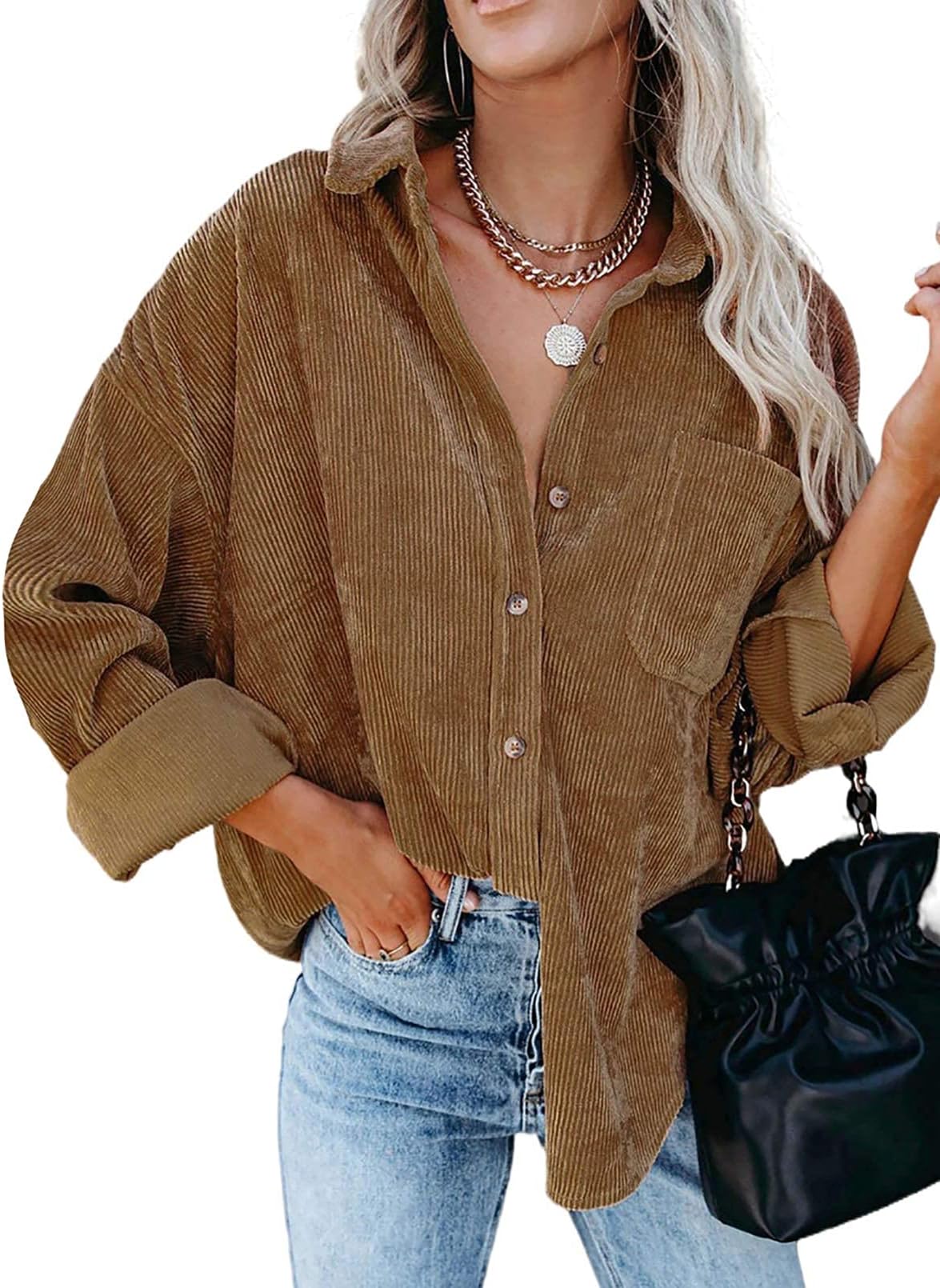 BOUTIKOME Womens Plaid Shacket Button Down Long Sleeve Shirt Coat Fall Winter Flannel Jacket Loose Shirts