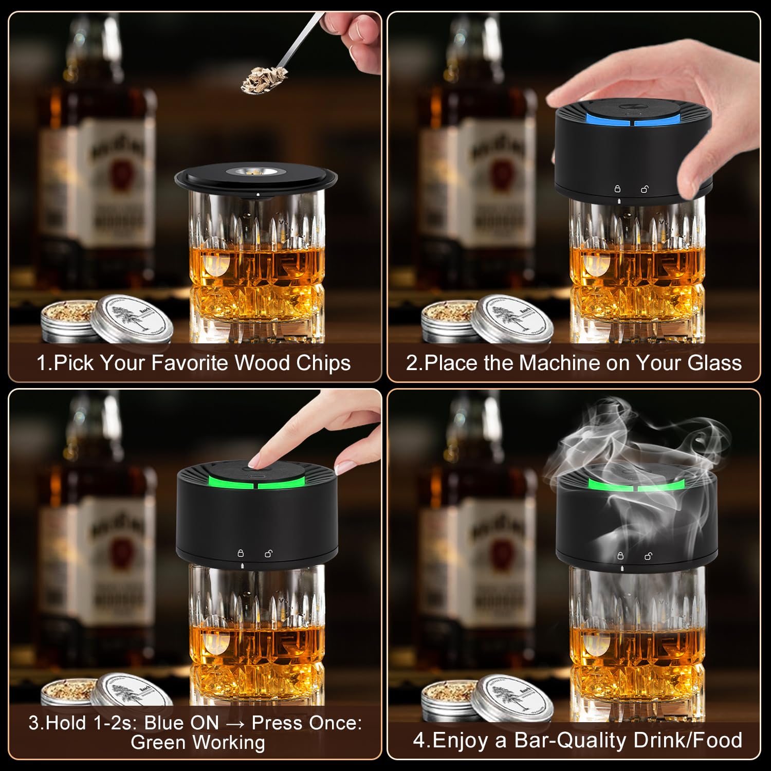 Kit per affumicatore elettrico per whisky, kit ricaricabile con 6 trucioli di legno, accendino integrato, non c'è bisogno di butano. Regalo di compleanno, Natale e anniversario per uomini, padri e