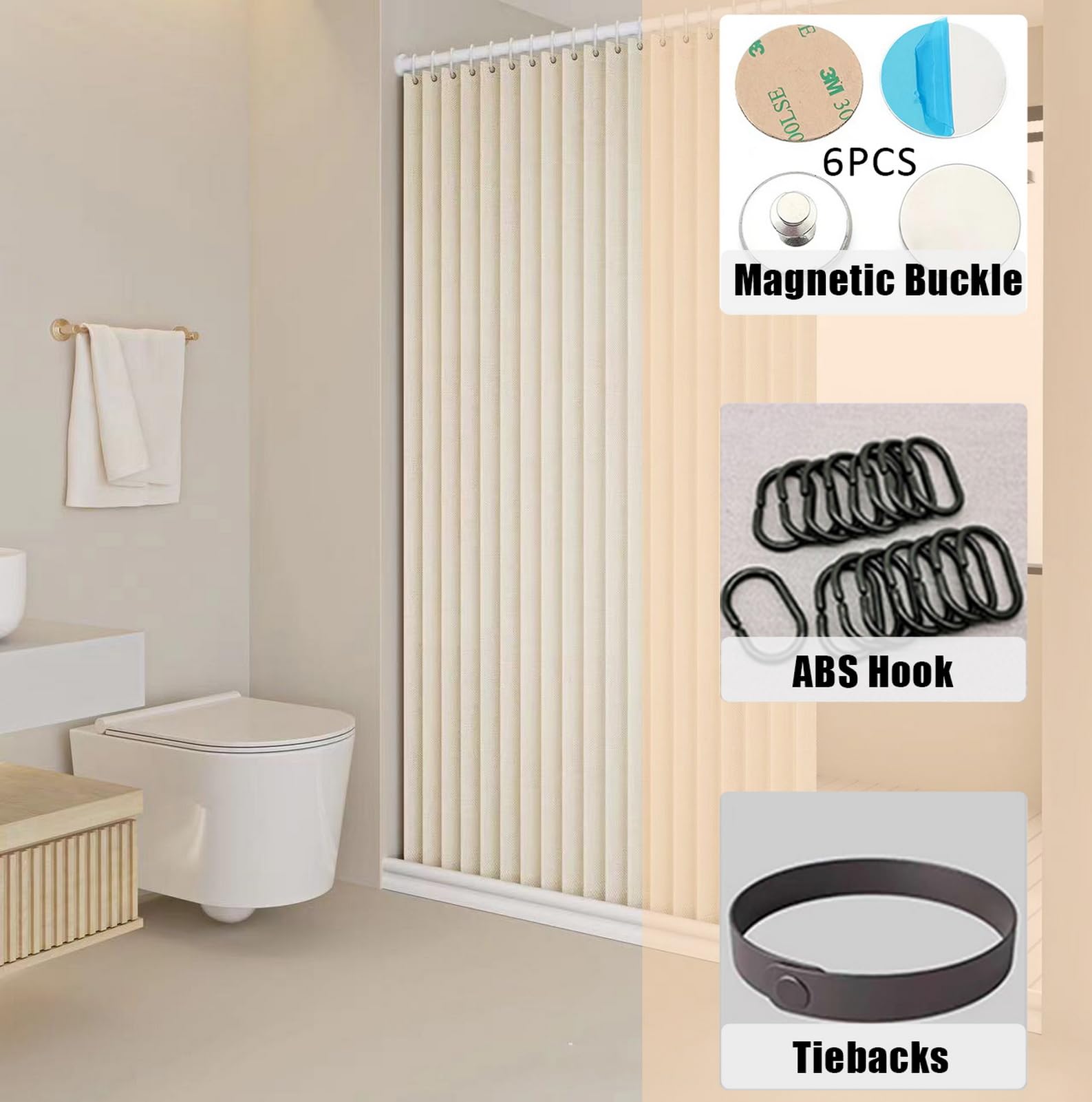 Icegrey Rideau de Douche Magnétique Pliable et imperméable avec Crochets, Séparation Humide et sèche, Rideaux de Douche en Polyester Lin très résistants pour Salle de Bain, Beige, 150x200cm